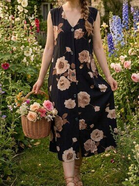 Vintage Carsidel Black Floral Button Down Maxi Dress Large Pockets